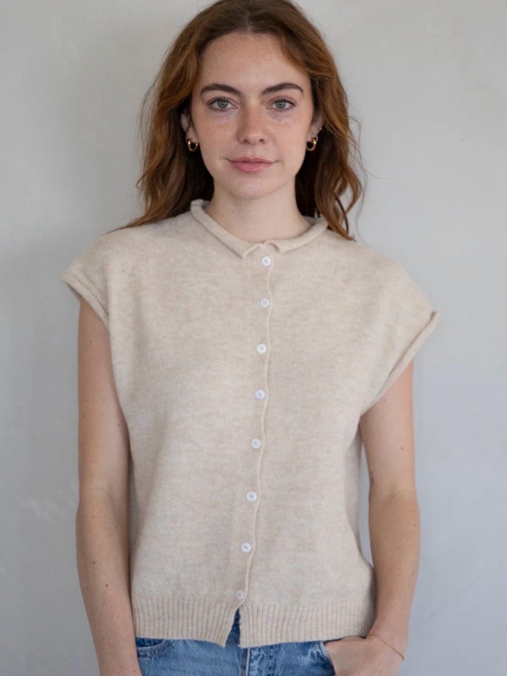 NWT Things Between Piper Oatmeal Button-Front Cap Sleeve Knit Top/Vest